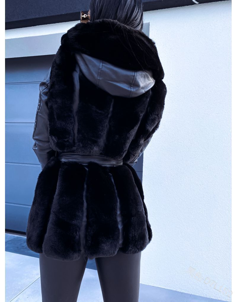 Women New Style Fur Belt Hooded Zipper Jacket