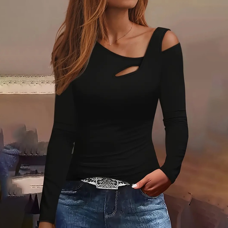 Women's Cut Out Off Shoulder Top - Long Sleeve Plain Tee For Holiday, Spring & Autumn