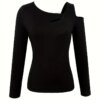 Women's Cut Out Off Shoulder Top - Long Sleeve Plain Tee For Holiday, Spring & Autumn