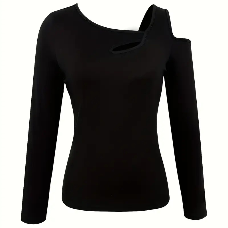 Women's Cut Out Off Shoulder Top - Long Sleeve Plain Tee For Holiday, Spring & Autumn