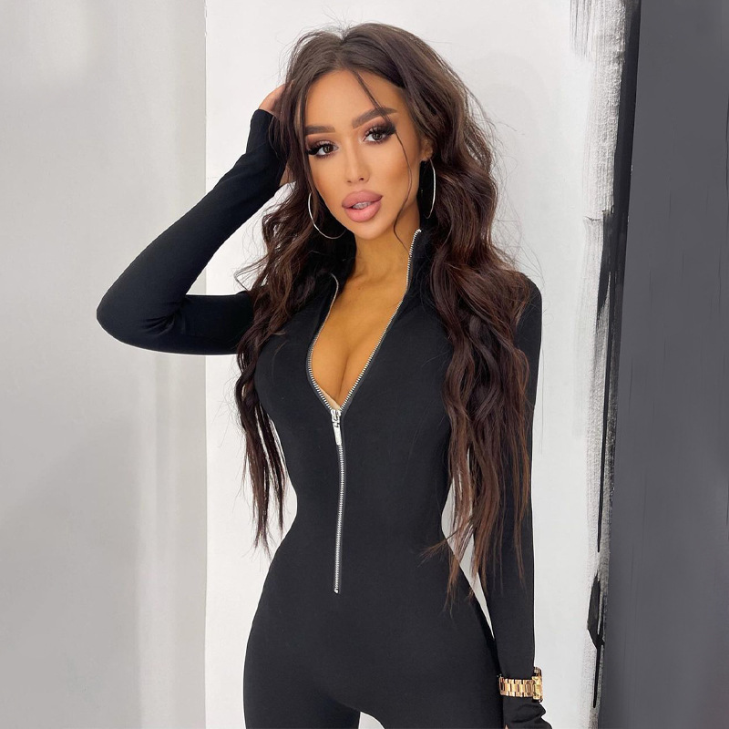 Women's Long Sleeve Jumpsuit With Long Metal Zipper