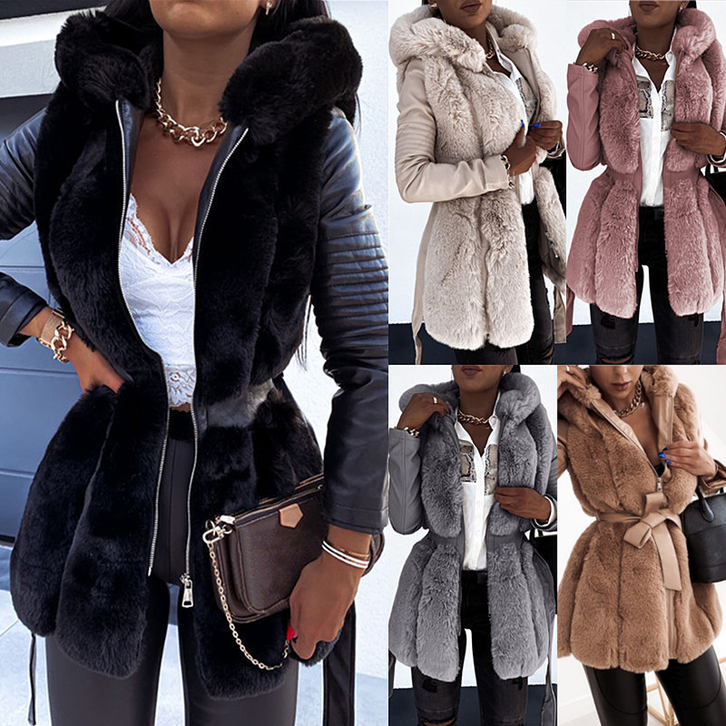 Women New Style Fur Belt Hooded Zipper Jacket