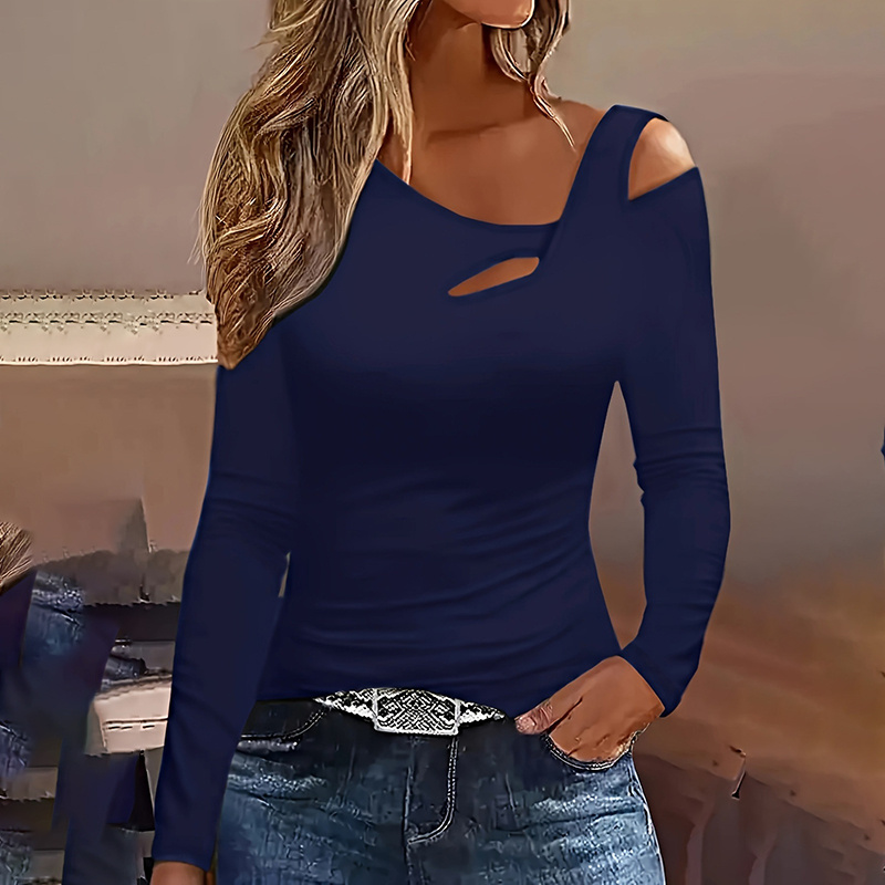 Women's Cut Out Off Shoulder Top - Long Sleeve Plain Tee For Holiday, Spring & Autumn