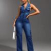 Tight Waist Slim High Elastic Wash Denim Jumpsuit